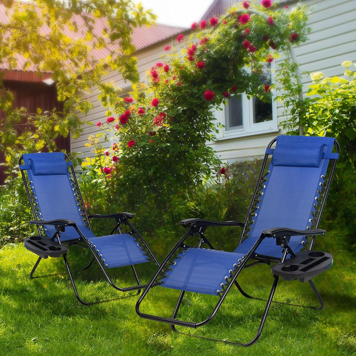 Nazhura Set of 2 Relaxing Recliners Patio Chairs Adjustable Steel Mesh Zero Gravity Lounge Chair Beach Chairs with Pillow and Cup Holder (Blue)