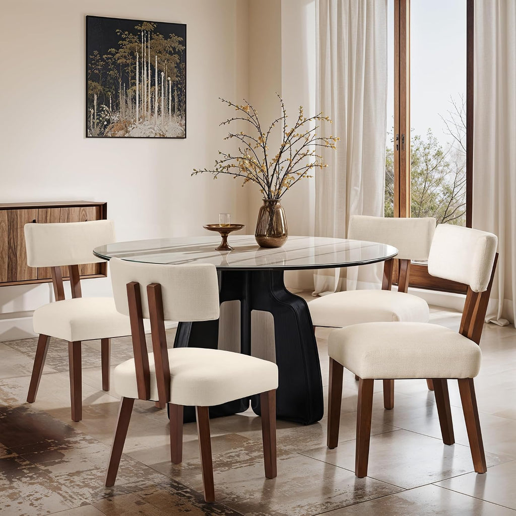 MOJAY Dining Chairs Set of 4, Mid Century Modern Kitchen Chair Linen Fabric Side Chairs with Curved Backrest for Kitchen, Dining Room, Restaurant, or Patio, Off-White