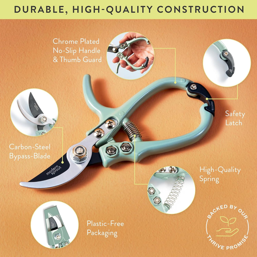 Modern Sprout Hand Pruners - Lightweight Pruning Shears W/Easy Lock- Gardening Scissors - Bypass Sharp Carbon Steel Blade - Rust Resistant - Garden Tools - Reusable Holster - Sage