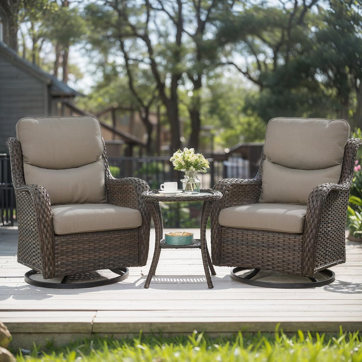 HUMMUH Wicker Patio Furniture High Back Swivel Rocker Patio Chairs Outdoor Bistro Set with Ottomans Side Table for Porch Garden Deck