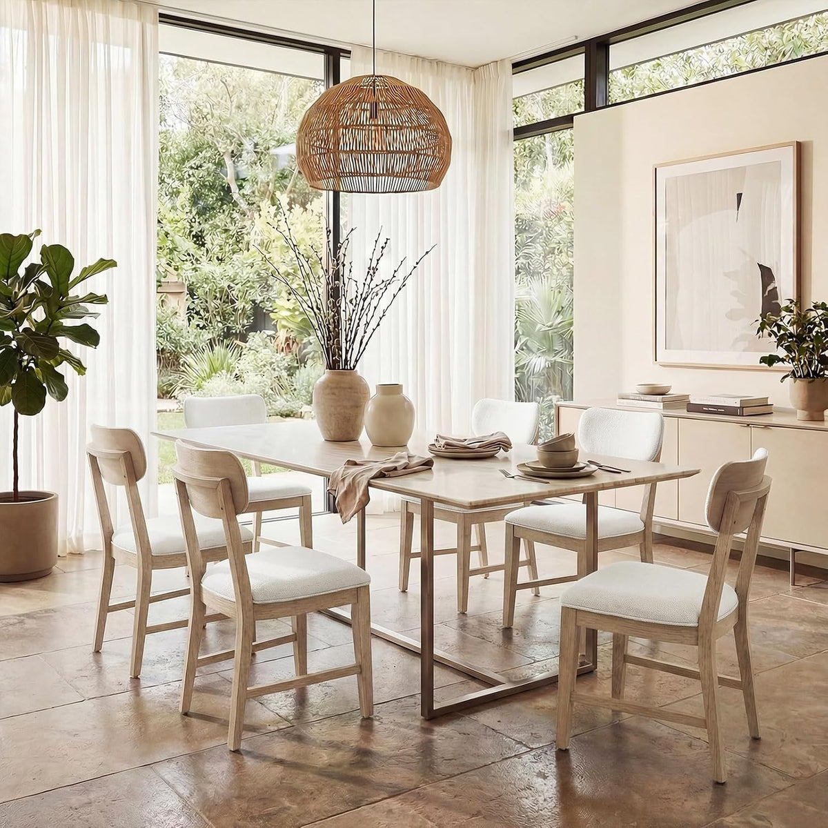 COLAMY Solid Wood Dining Chairs Set of 2, Mid Century Modern Upholstered Kitchen Chairs with 3.3" Thick Cushion & Anti-Slip Pads, Farmhouse Rubber Wood Dining Room Chairs, Oak Nature