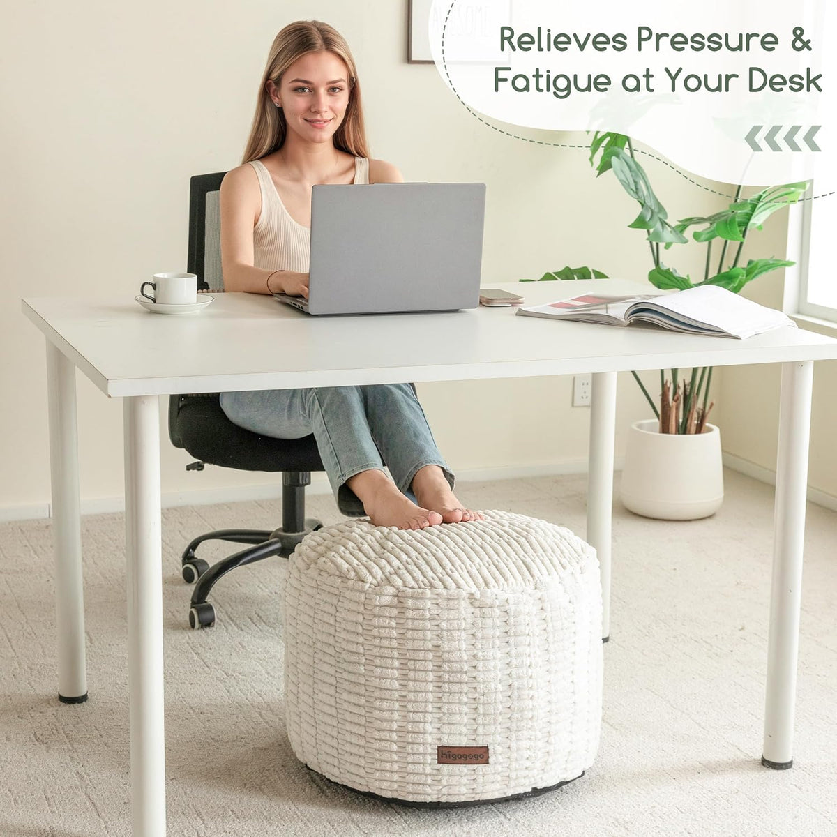 HIGOGOGO Pouf Ottoman Stuffed Round Modern Foam Filled Foot Rest Poufs for Living Room Chair Decorative 20 X 15 Inches Boho Relax Stool for Wedding Christmas Party, Beige