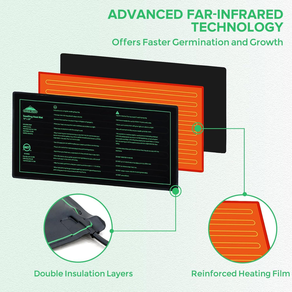 EAGLE PEAK Waterproof Seedling Heat Mat 10" x 20", UL & MET-Certified Heating Pad for Seed Starting, Germination, and Hydroponic Gardening, Includes (1) Warming Mat