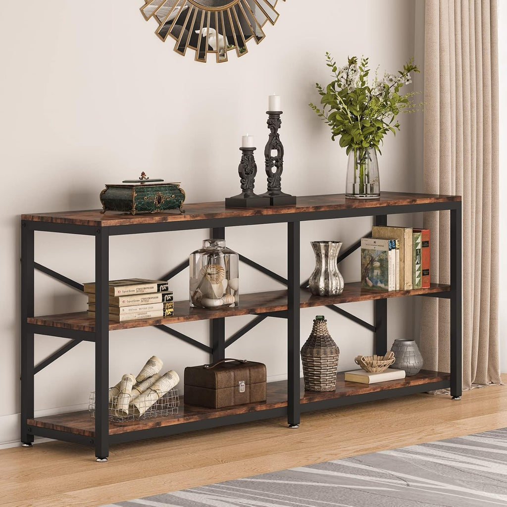 Tribesigns 70.9 Inch Extra Long Console Table, Modern Sofa Table Behind Couch Table with Storage Shelves, 3-Tier Industrial Hallway Entryway Table for Living Room, 3 Shelf Bookshelf(Brown)