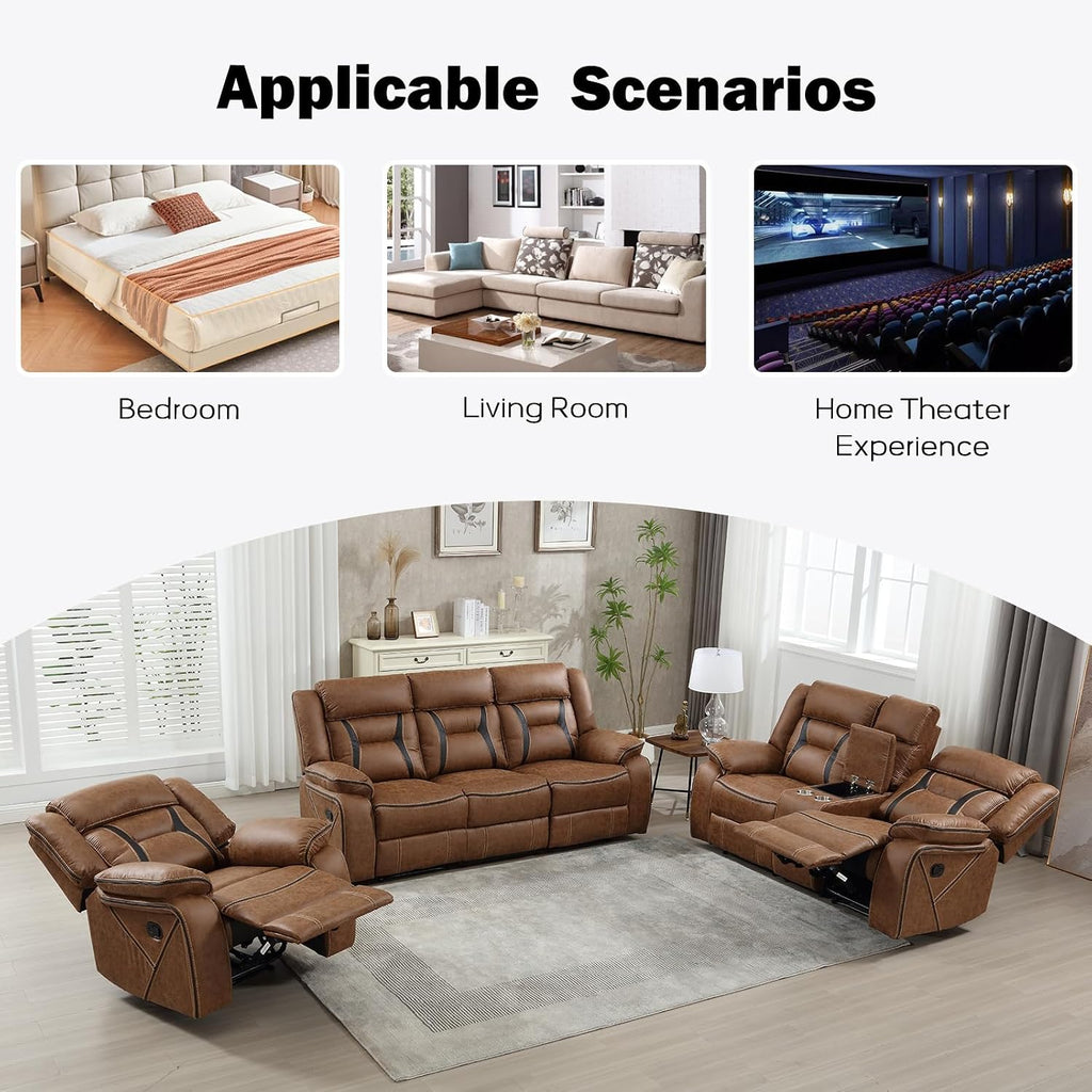 EBELLO Faux Leather Recliner Sofa Furniture Set for Living Room, Recliner Chair, Manual Loveseat, 3 Seat Recliniing Sofa Couch Set for Meeting Room, Brown