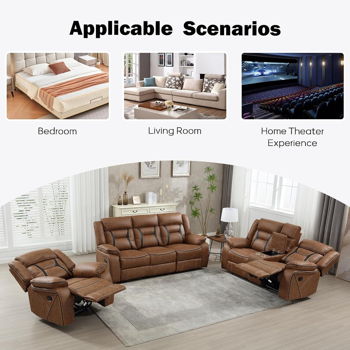 EBELLO Faux Leather Recliner Sofa Furniture Set for Living Room, Recliner Chair, Manual Loveseat, 3 Seat Recliniing Sofa Couch Set for Meeting Room, Brown