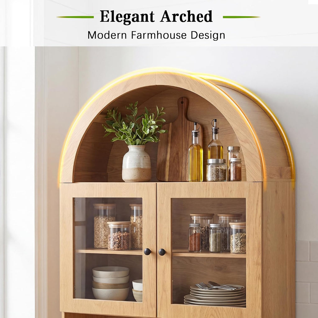 Farmhouse Pantry Cabinet w/Charging Station, Oak | Adjustable Shelves & Open Countertop, Cup Holder & 2 Drawers 75" Tall Arched Coffee Bar for Kitchen Dining Room Living Room