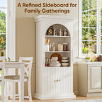 71" Arched Kitchen Modern Pantry Storage Cabinet, Tall Display Cabinet for Living Room and Dining Room with 1 Glass Door and 1 Open Shelf Cabinet with Drawers, White with Gold Handles, 2 of Set