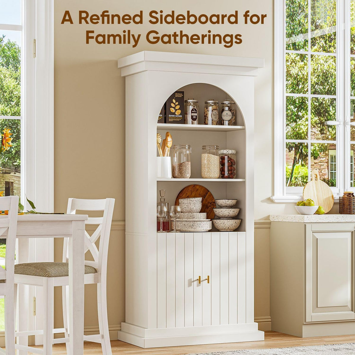 71" Arched Kitchen Modern Pantry Storage Cabinet, Tall Display Cabinet for Living Room and Dining Room with 1 Glass Door and 1 Open Shelf Cabinet with Drawers, White with Gold Handles, 2 of Set