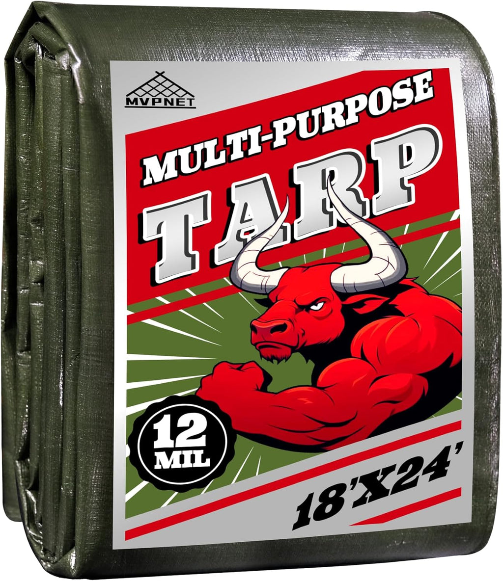 Green/Silver Heavy Duty Waterproof Tarp 18x24FT, 12mil Thick，Multifunctional tarp Whit Tear&Fade Resistant,UV Resistant,with Grommets and Reinforced Edges.