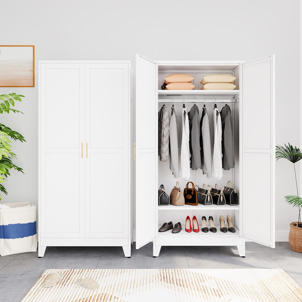 Metal Armoire Wardrobe Closet Storage Cabinet with Hanging Rod,71'' Metal Wardrobe Cabinet with 2 Doors and 2 Adjustable Shelves for Bedroom, Laundry Room, Cloak Room