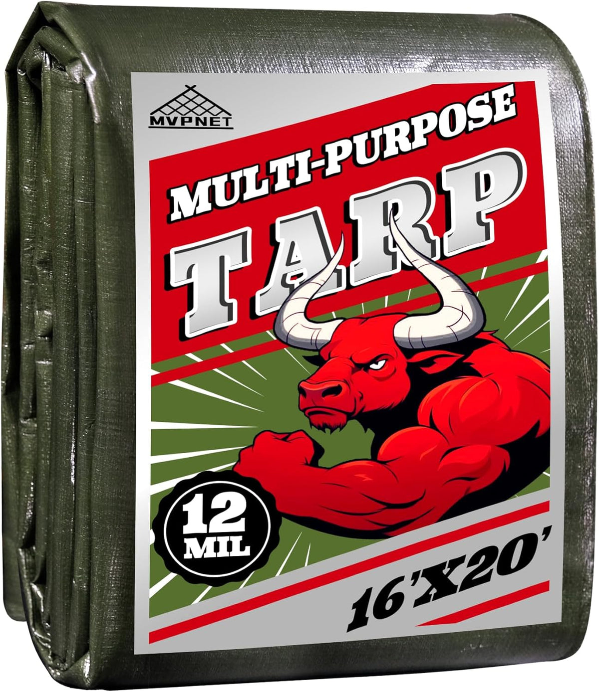 Green/Silver Heavy Duty Waterproof Tarp 16x20FT, 12mil Thick，Multifunctional tarp Whit Tear&Fade Resistant,UV Resistant,with Grommets and Reinforced Edges.