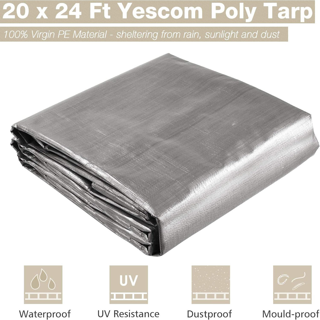 Yescom Large Tarps Waterproof 10 Mil Heavy Duty Reinforced Poly Outdoor Tarp 20' x24' with Grommets for Outdoor Camping Tent Boat Silver & Black