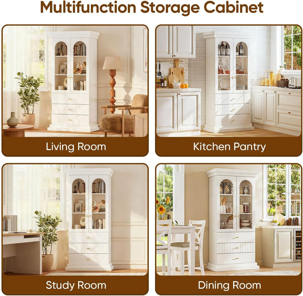 71" Arched Kitchen Modern Pantry Storage Cabinet, Tall Display Cabinet for Dining Room and Living Room with 1 Glass Door and 1 Open Shelf Cabinet with Drawers, White with Gold Handles, 2 of Set