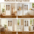71" Arched Kitchen Modern Pantry Storage Cabinet, Tall Display Cabinet for Dining Room and Living Room with 1 Glass Door and 1 Open Shelf Cabinet with Drawers, White with Gold Handles, 2 of Set