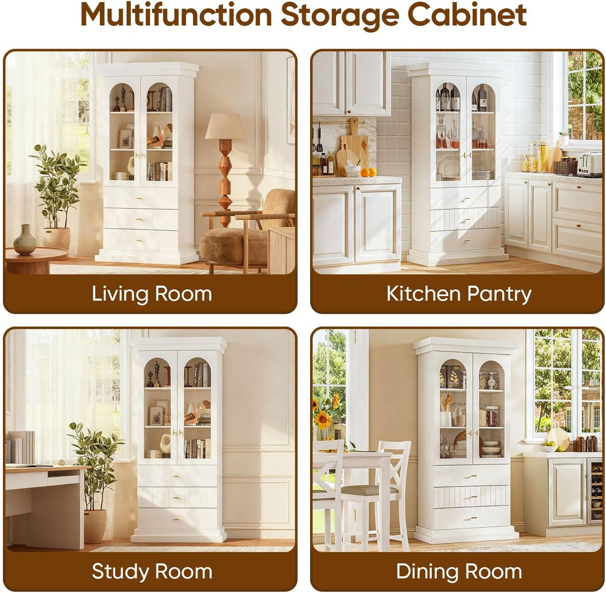 71" Arched Kitchen Modern Pantry Storage Cabinet, Tall Display Cabinet for Dining Room and Living Room with 1 Glass Door and 1 Open Shelf Cabinet with Drawers, White with Gold Handles, 2 of Set