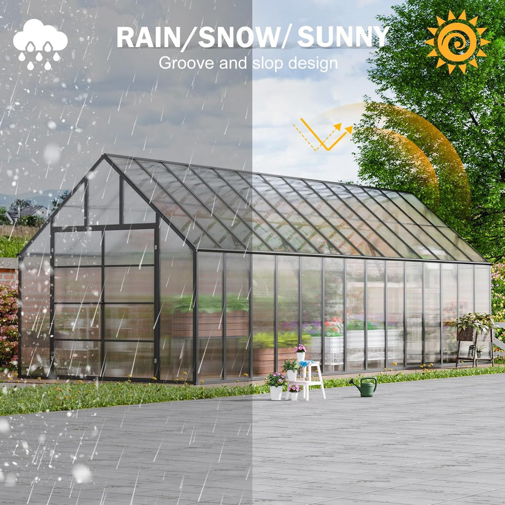 CDCASA 28x10x10 FT Greenhouse for Outdoors, Easy Assembly Large Thicker Aluminum Heavy Duty Polycarbonate Greenhouses Kit w/6 Windows, Outside Sunroom Walk-in Green House for Patio,Backyard