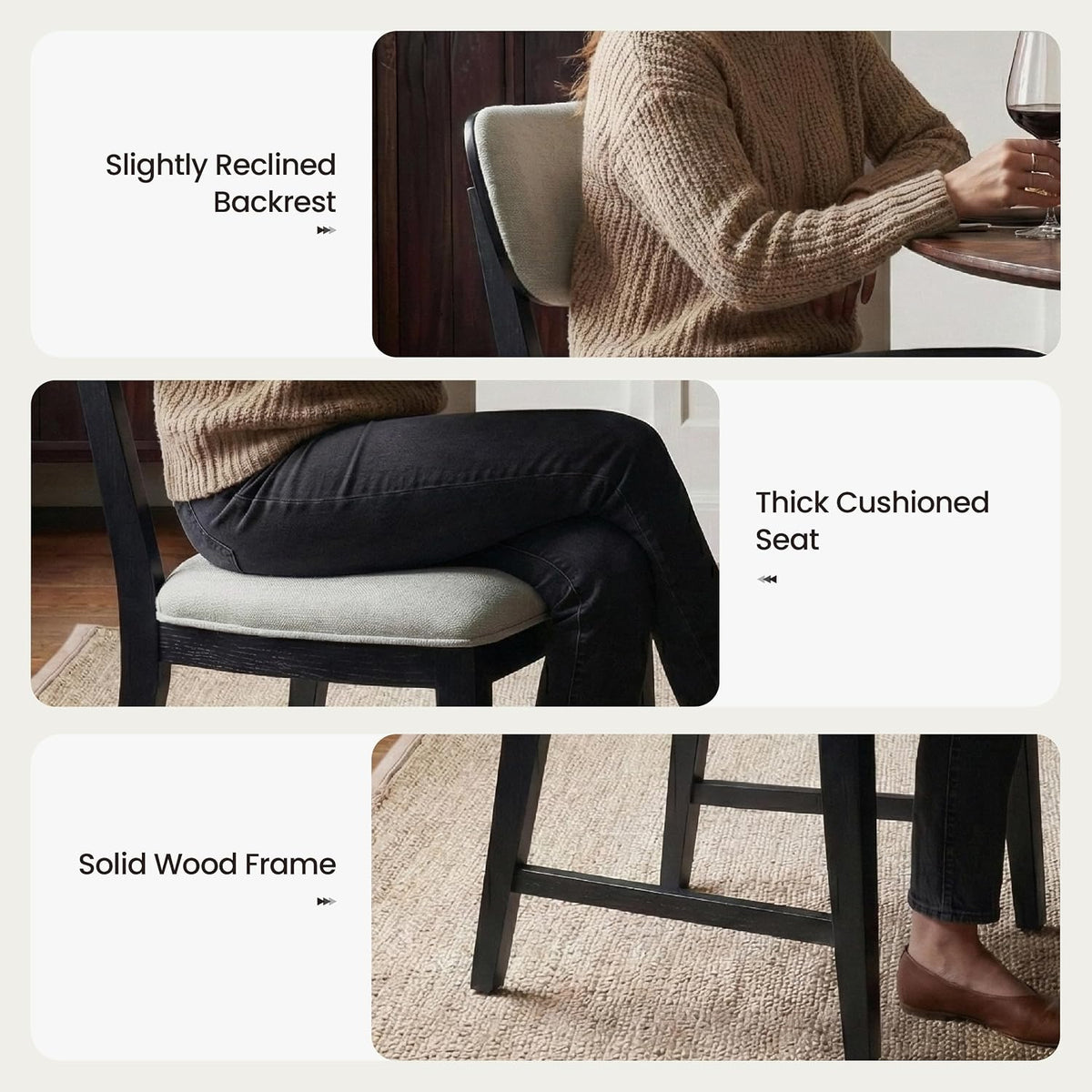 COLAMY Solid Wood Dining Chairs Set of 6, Mid Century Modern Upholstered Kitchen Chairs with 3.3" Thick Cushion, Farmhouse Dining Room Chairs with Level Legs & Wire-Brushed Finish, Black