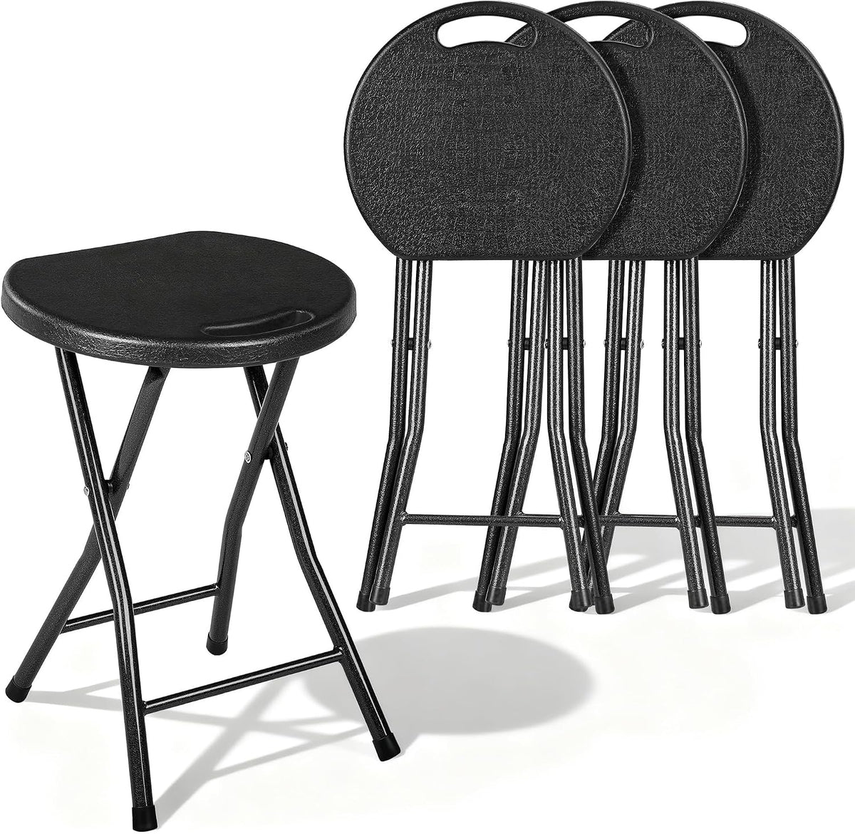 VECELO Folding Stool 4-Pack 18", HDPE Foldable Stool with Iron X-Frame, Solid Bottom Support, 500 lbs Capacity, Easy Clean, Lightweight with Handle, Anti-Slip Feet for Indoor Outdoor, Black