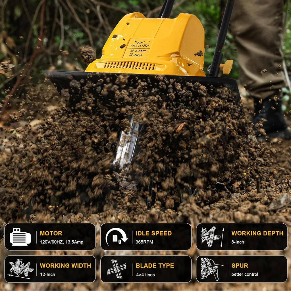 Electric Tiller/Cultivator 4 Steel Tines, 8'' Tilling Depth Garden Roto Tillers for Gardening, 13.5 Amp 12 Inch Corded Rototiller with Adjustable Wheels, Yellow