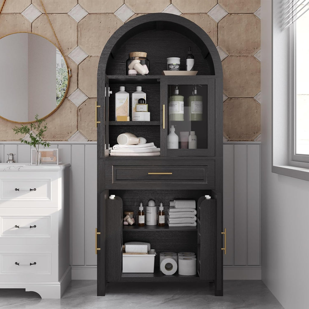 71" Tall Arched Kitchen Pantry Cabinet, Farmhouse Freestanding Food Pantry with Glass Door, Barn Door Design and Adjustable Shelves, Storage Cupboard for Kitchen, Living & Dining Room,Black