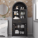 71" Tall Arched Kitchen Pantry Cabinet, Farmhouse Freestanding Food Pantry with Glass Door, Barn Door Design and Adjustable Shelves, Storage Cupboard for Kitchen, Living & Dining Room,Black