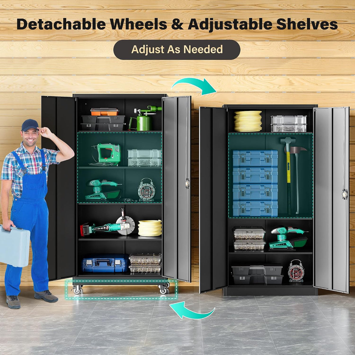 SISESOL Metal Storage Cabinet with Wheels,75 inch Tall Rolling Garage Storage Cabinet with Lock,Black Metal Cabinets with Wheels and Shelves,Deep Heavy Duty Tool Locker for Garage,Home,Office,Shop