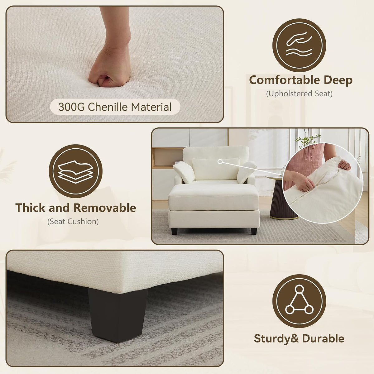 WUTUTUEE 57.5" Oversized Chaise Lounge with Ottoman Indoor, White Reading Chair with Ottoman & Sofa Bed, Chenille Upholstered Comfy Sleeper Chair for Living Room, Bedroom, Office