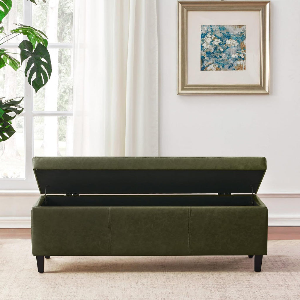 HUIMO Faux Leather Storage Ottoman Bench 50.3 Inch Extra Long PU Upholstered Bedroom Bench with Large Storage Space for The Living Room, Entryway, Bedroom Hold Up to 300lbs (Green)