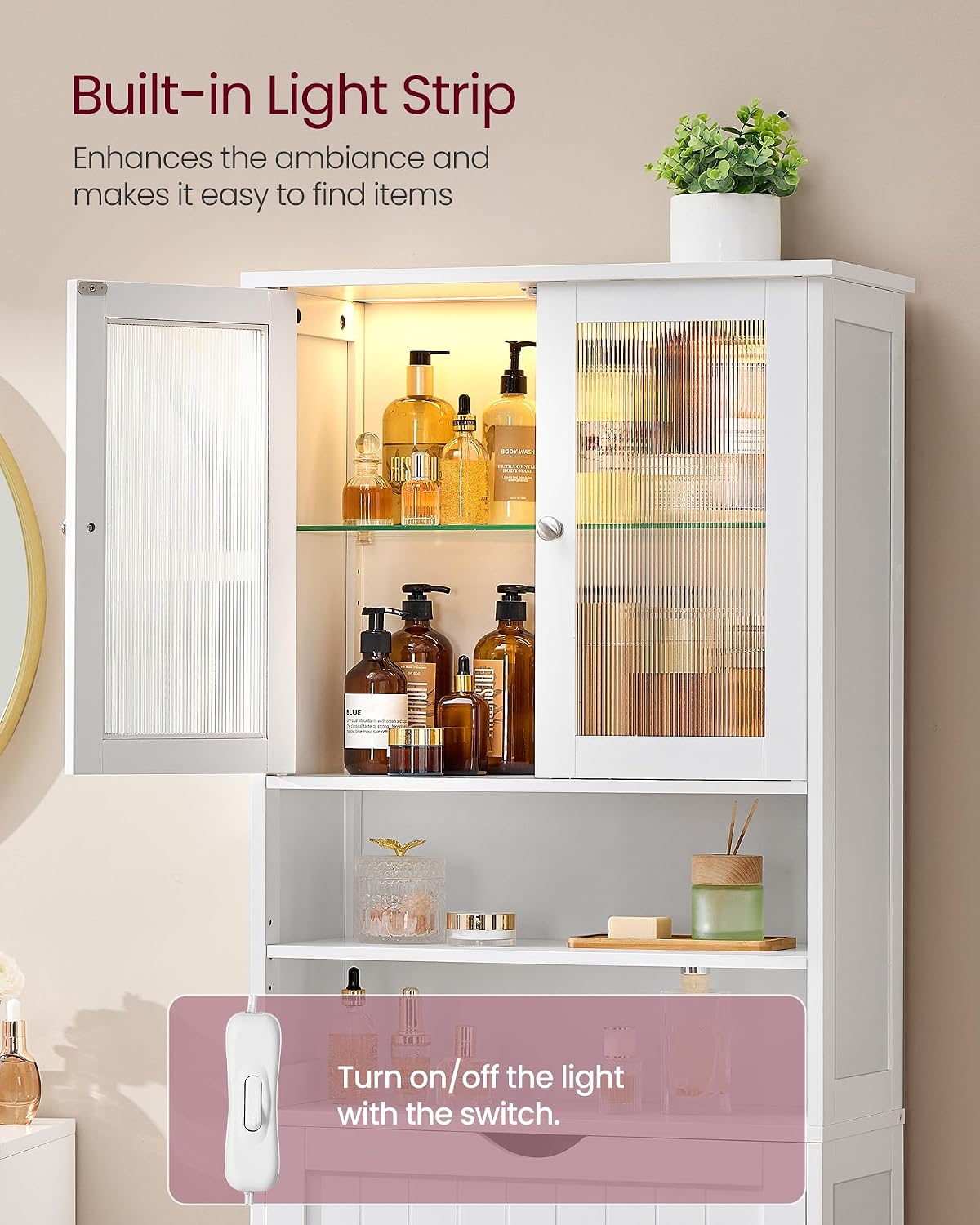 VASAGLE Storage Cabinet with LED Lights, Freestanding Storage Unit with Adjustable Shelves, Drawer, Open Compartments, for Bathroom, Living Room, Kitchen, Cloud White UBBC767WH01S