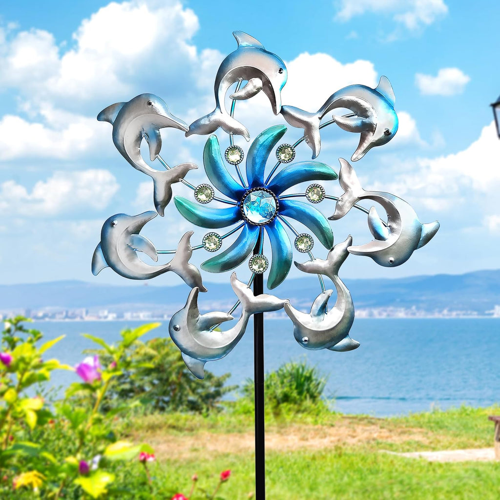 39" Dolphin Wind Spinners Metal Windmill Garden Stake,Ocean Theme Outdoor Wind Spinner,Wind Sculptures Yard Art Decorations for Patio,Lawn & Garden Decor