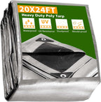 Yescom Large Tarps Waterproof 10 Mil Heavy Duty Reinforced Poly Outdoor Tarp 20' x24' with Grommets for Outdoor Camping Tent Boat Silver & Black