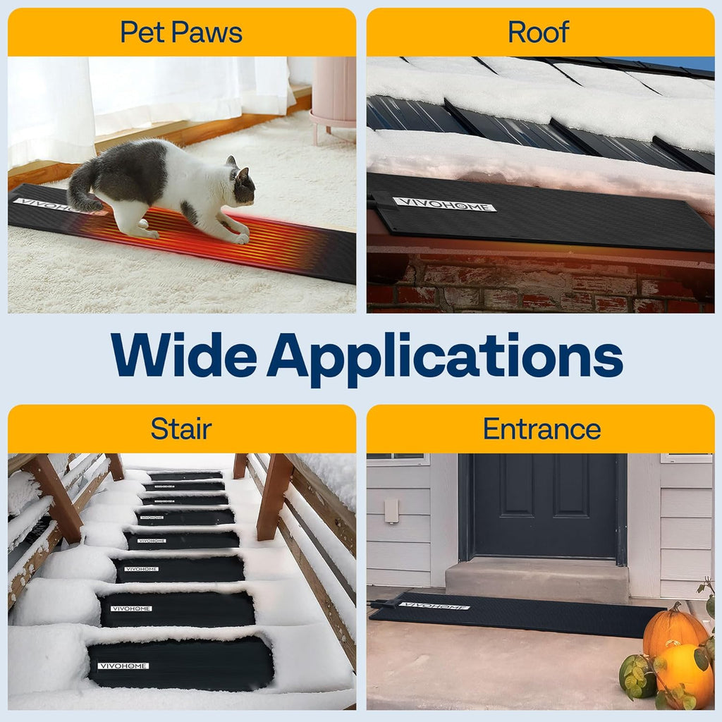VIVOHOME 10" x 38" Snow Melting Mat with Grounding Wires, 0.35" Thickened SBR Rubber Heated Outdoor Mats, Heated Walkway Mats 2 Pack (Power Cord Not Included)