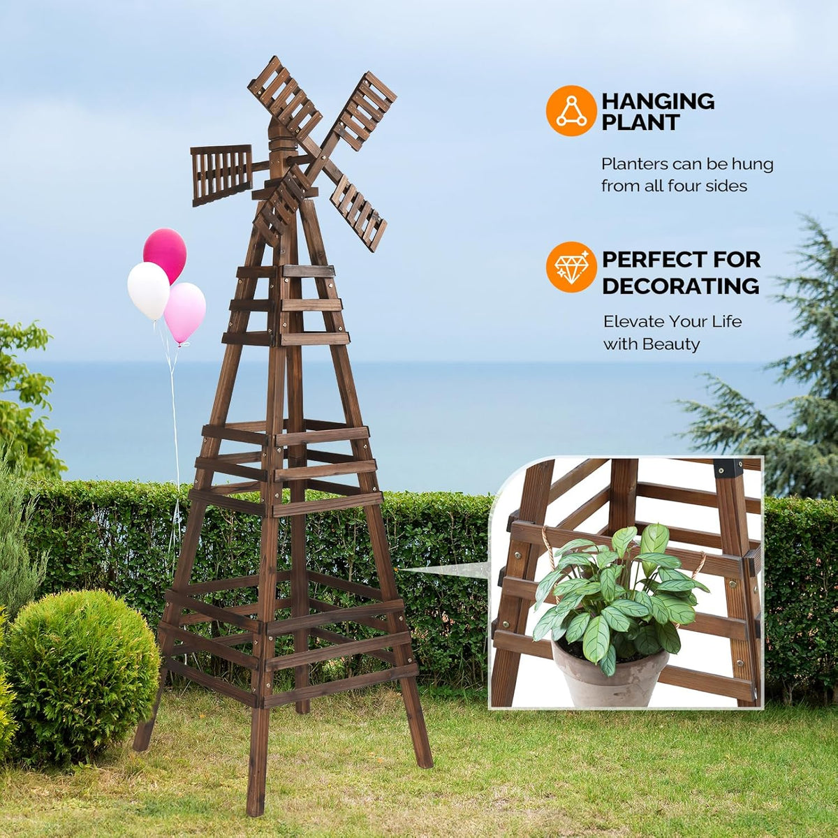 Wooden Windmill, Weather-Proof Wind Spinner, Outdoor Wind Mill for Garden Lawn Patio Decoration (Carbonized, Large)