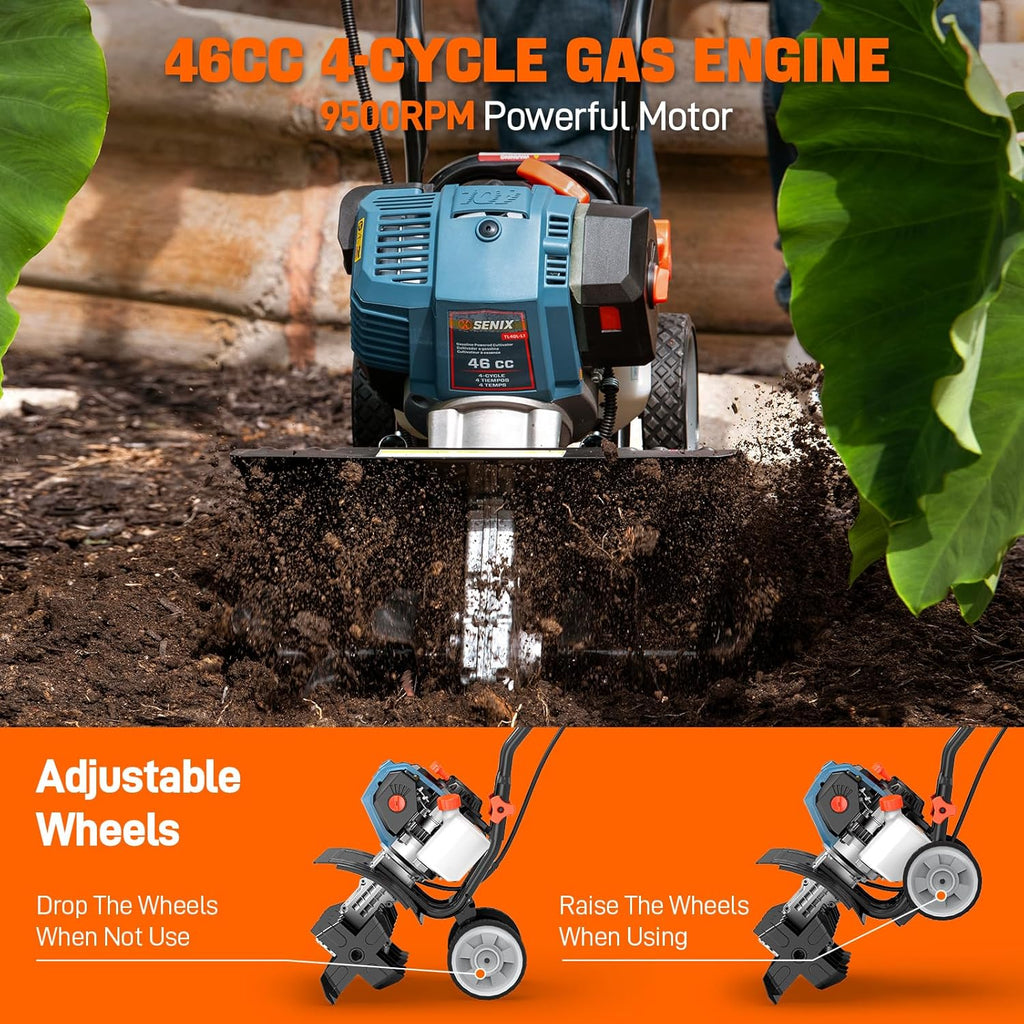 SENIX 4QL 4-Cycle Gas Powered Tiller Cultivator, 46cc Full Crank Engine, 15-Inch Tilling Width, 8-Inch Tilling Depth, Easy Start, Foldable Handles for Compact Storage (TL4QL-L1)