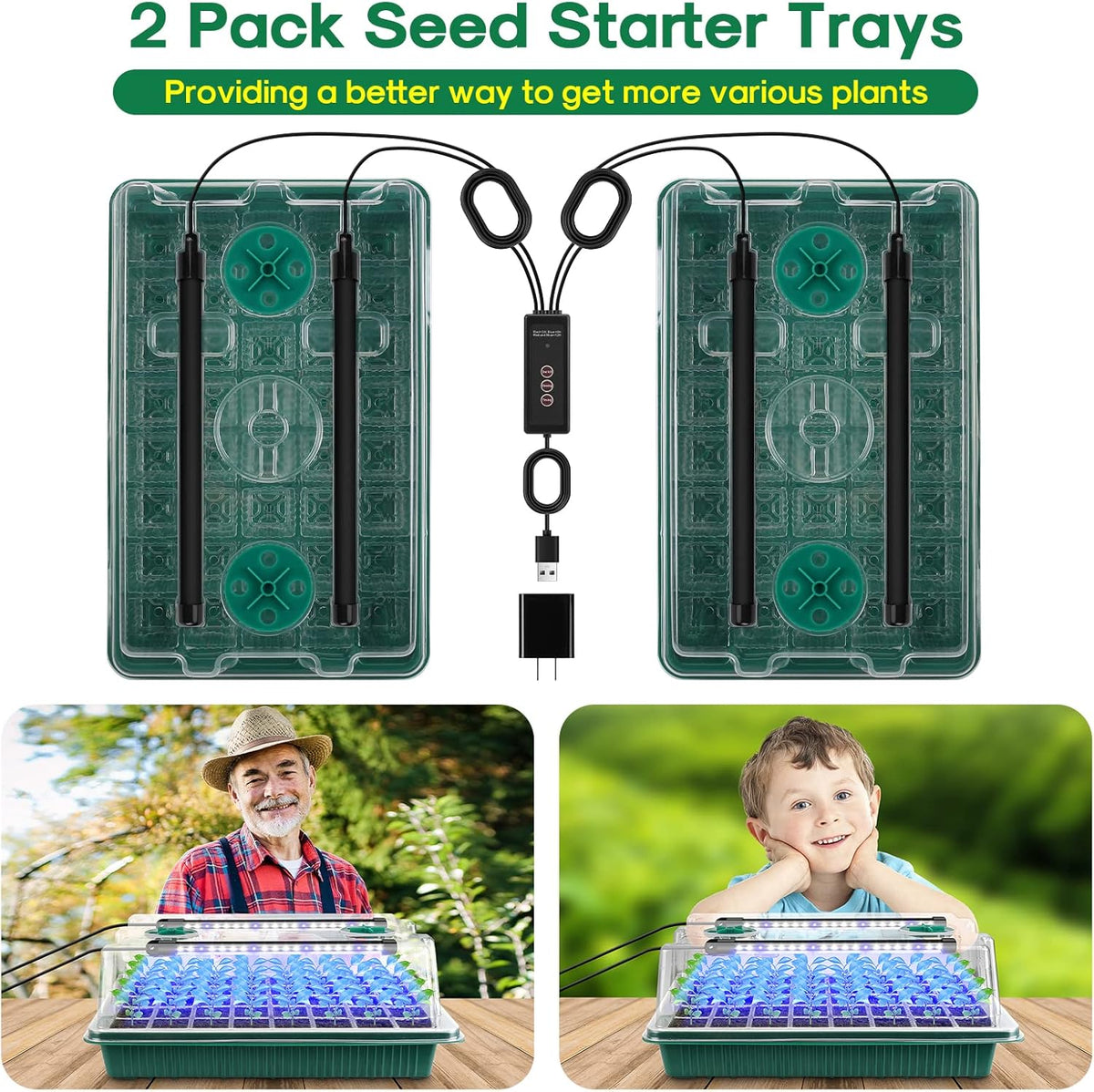 BlumWay Seed Starter Tray with Grow Light,2 Pack 80 Cells Seedling Tray Kit with Humidity Dome/Indoor Plant Starter Kit, Adjustable Brightness Plant Germination Trays