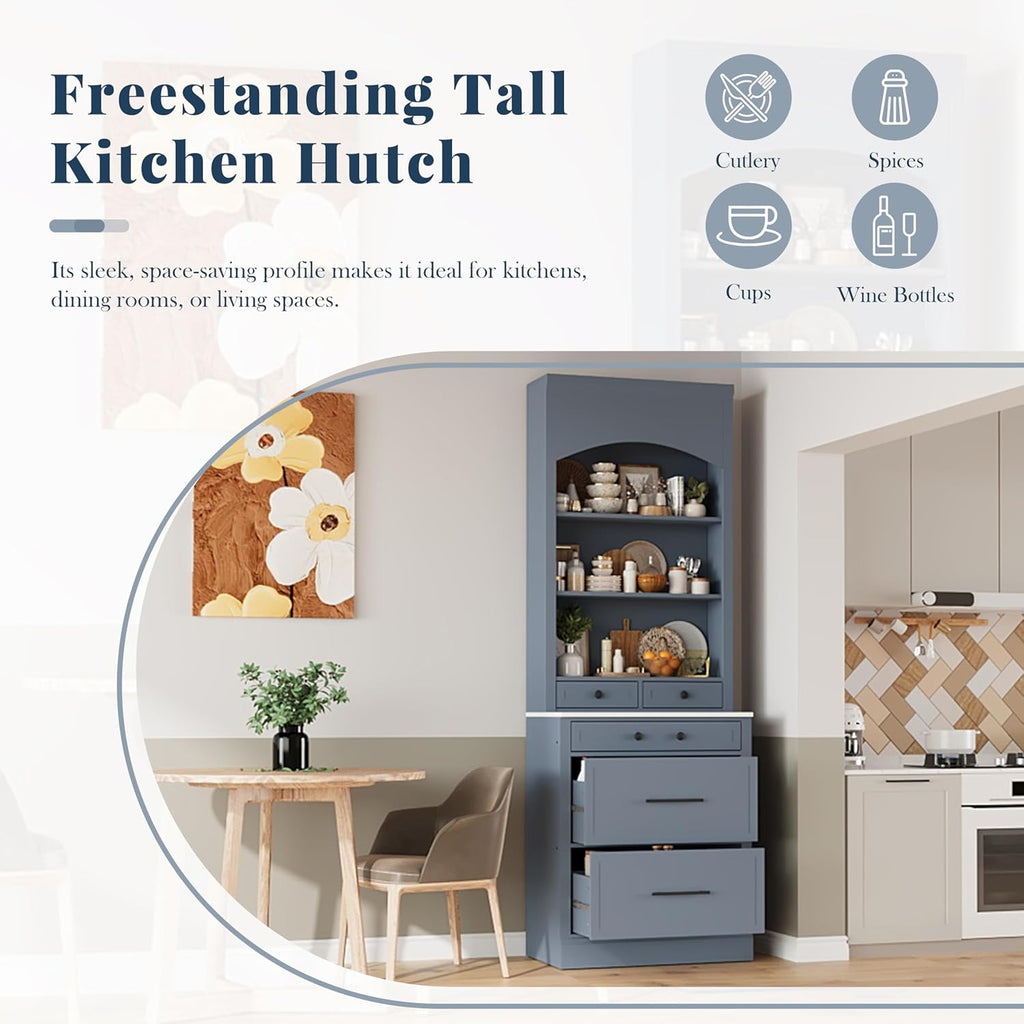 Merax Modern 83.7inch Freestanding Kitchen Hutch with Faux Marble Top, Kitchen Pantry with 5 Storage Drawers and Adjustable Shelf, Gray