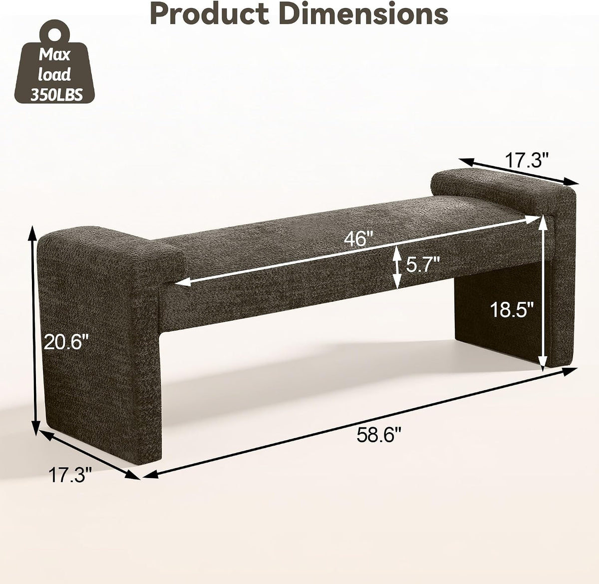 58.7" Upholstered End of Bed Bench, Entryway Bench with Curved Armrests, Modern Bedroom Bench Seat with Solid Wood Frame for Living Room, Hallway, Brown