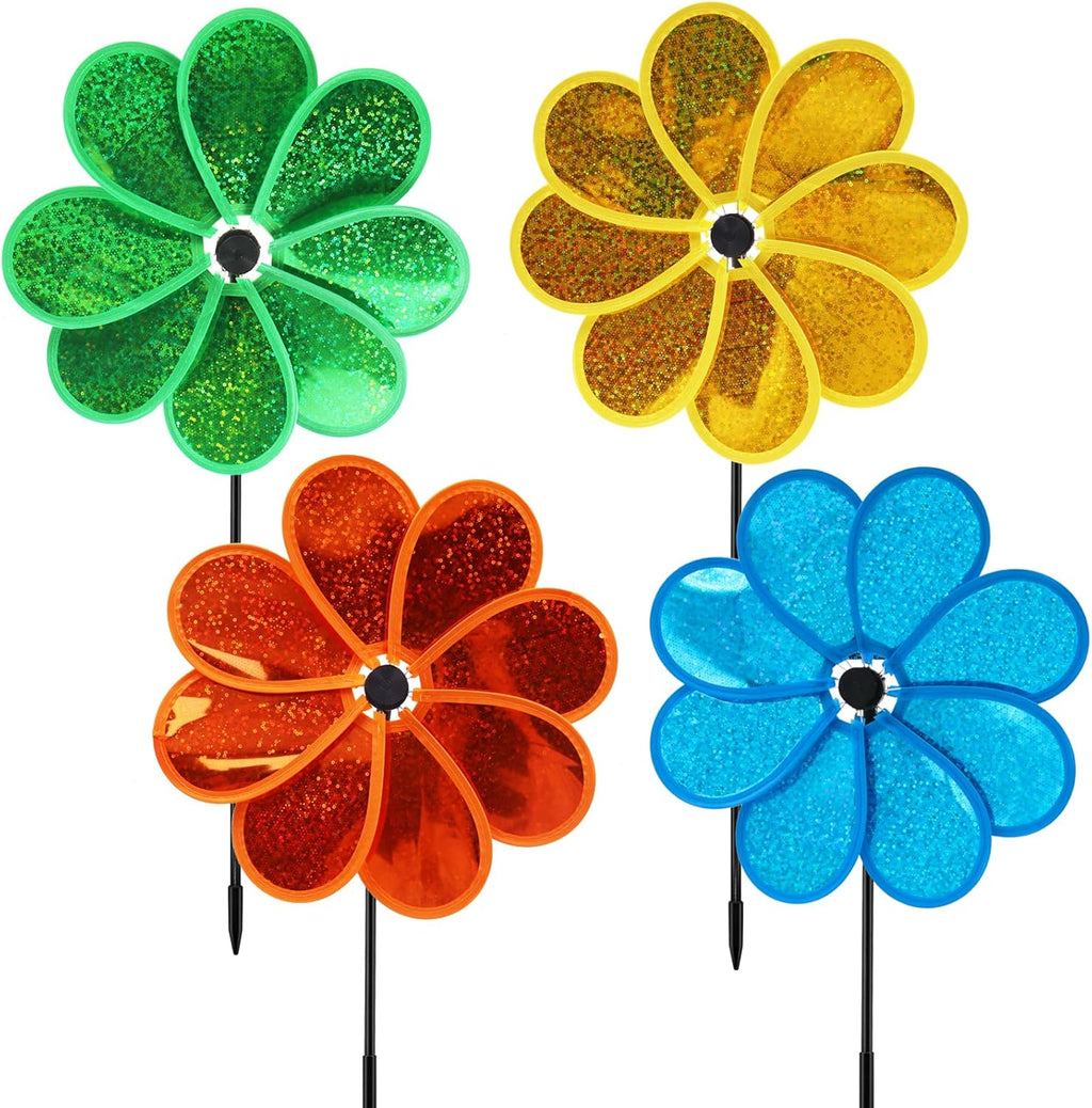 4PCS Flower Wind Spinner Sparkly Lawn Pinwheel 11.8 inch Colorful Green Yellow Orange Light Blue Garden Windmill for Garden, Party, Outdoor, Yard Decor