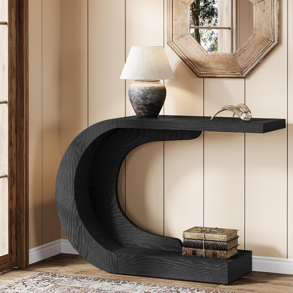 Tribesigns 43.3" Farmhouse Console Table for Entryway, Unique C-Shaped Rustic Sofa Table Behind Couch with Storage for Living Room, Hallway, Entry, Entrance, Foyer, Easy Assembly, Black