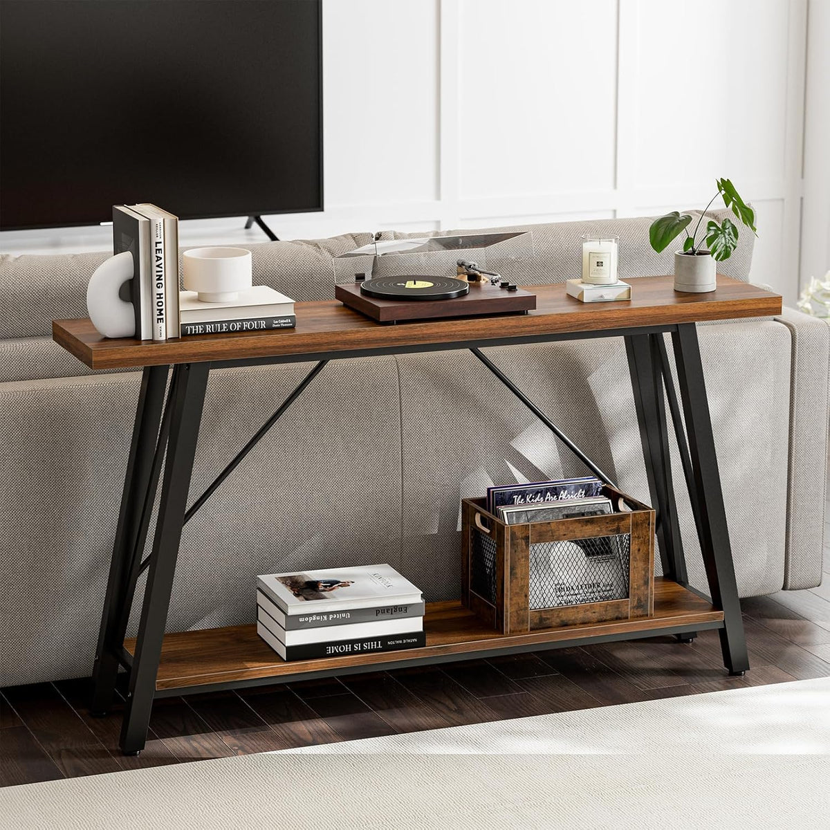 GAZHOME Console Table with Storage Shelf - Industrial Style Sofa Table Behind Couch for Living Room & Entryway, Rustic Brown,53.1 Inch
