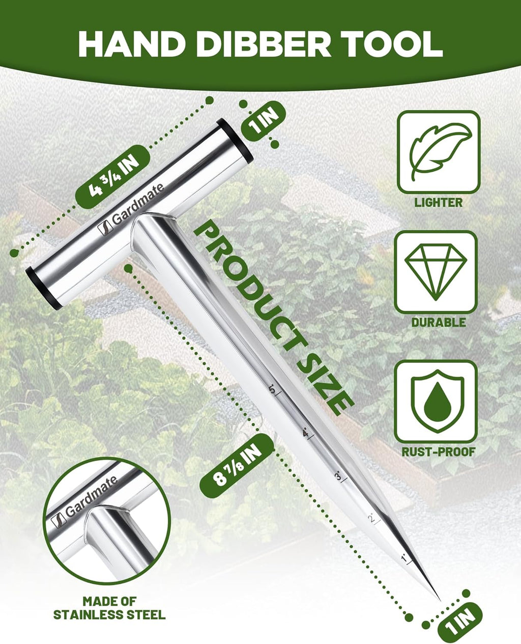 Stainless Steel Hand Dibber with Depth Markings & T-Handle, Rust-Resistant Bulb Planter Tool for Seeds, Seedlings & Bulbs – Ergonomic Design for Garden & Lawn