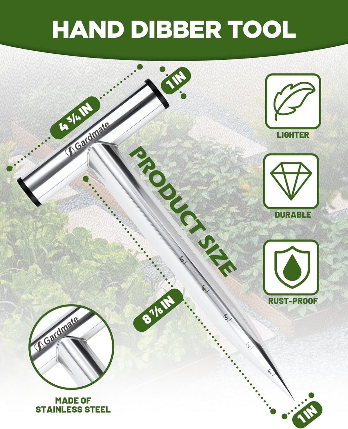 Stainless Steel Hand Dibber with Depth Markings & T-Handle, Rust-Resistant Bulb Planter Tool for Seeds, Seedlings & Bulbs – Ergonomic Design for Garden & Lawn