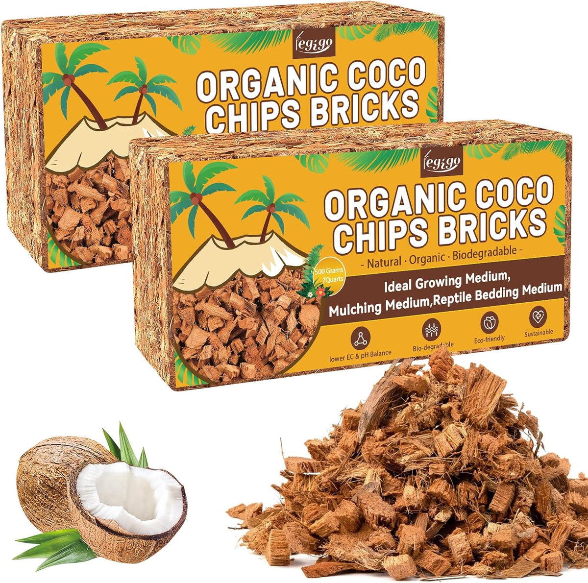 Legigo 2 Pack Coco Husk Chips- 2.2 LB 100% Organic Coconut Coir Chips Brick Potting Soil Mix with Low EC & PH Balance, Compressed Coconut Substrate Coco Chips Mulch Medium for Garden, Flowers, Plants