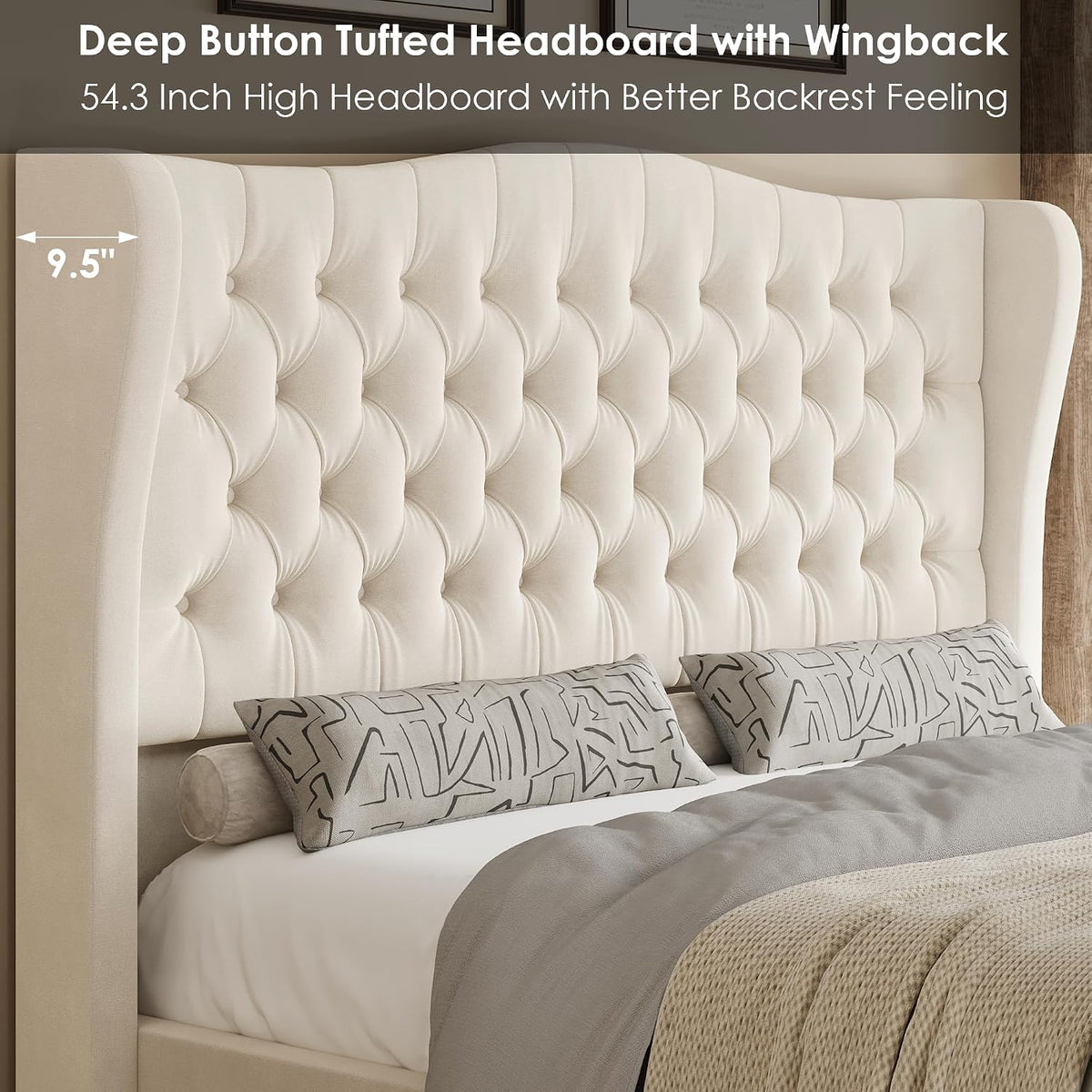 Keyluv Queen Size 54.3" Tall Bed Frame with Wingback Headboard & Footboard