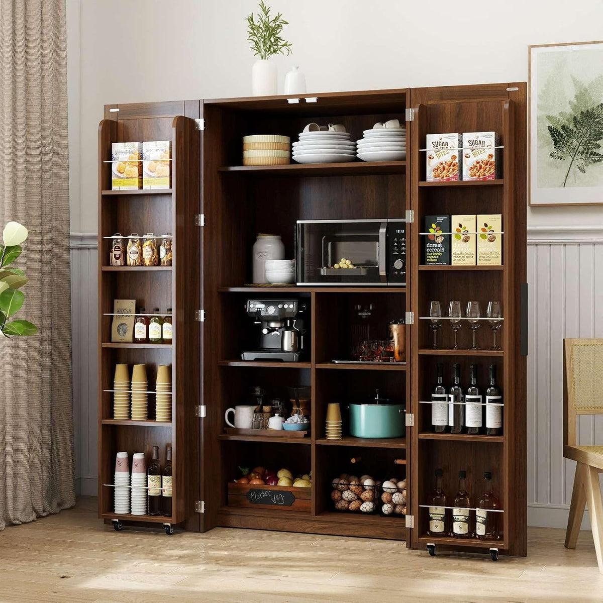 Kitchen Pantry Cabinet with Doors & Shelves, 62.8" Freestanding Cupboard | 180° Door Opening, 5-Layer Inner Door Shelves, Particle Board & MDF Construction, Melamine Finish, Easy Maintenance