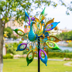 DREAMYSOUL Outdoor Peacock Wind Spinners with Gem Decor, 13" D*65" H Double Sided Kinetic Wind Sculptures & Spinners, Metal Wind Spinners for Yard and Garden