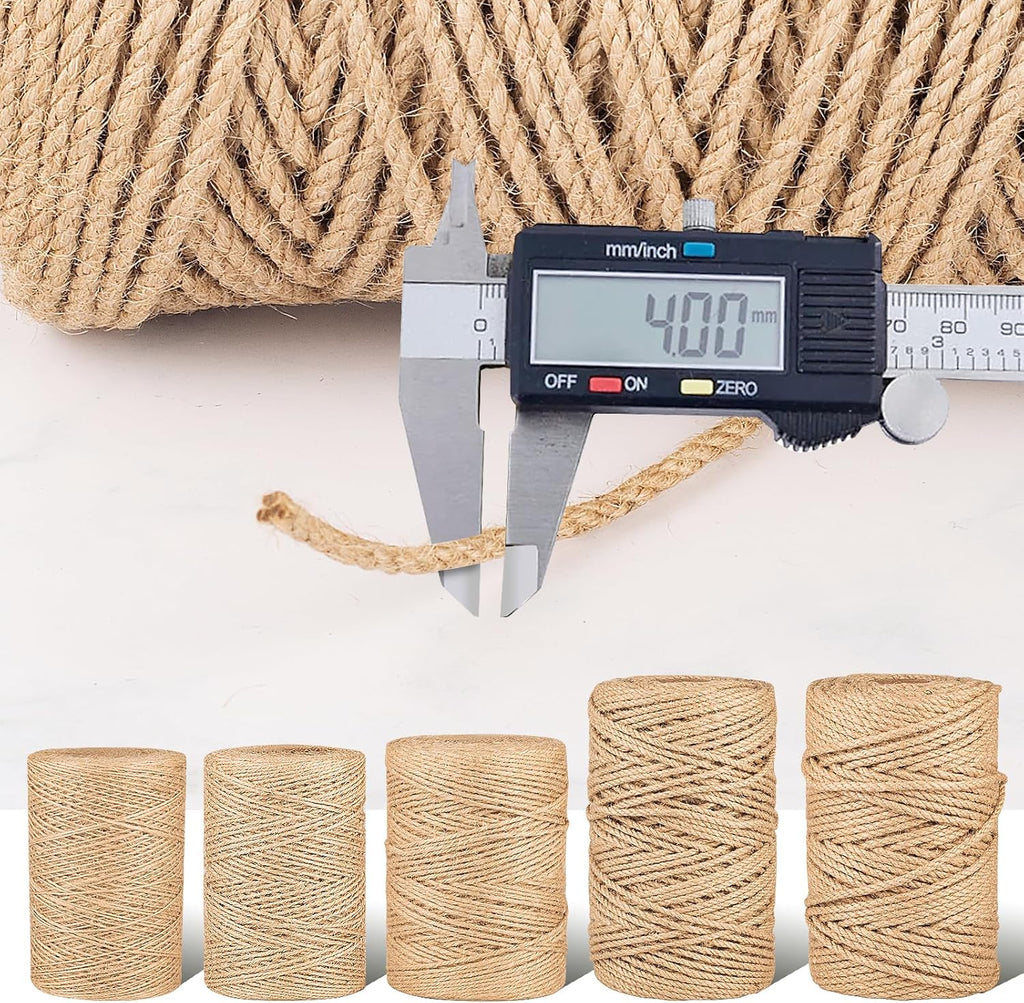 Natural Jute Twine String,Bulk Jute Rope Cord Twine for Crafting Gardening,Roll of Thick and Thin Twine for Gift Wrapping,Brown Decorative Rope,Ornament Twine for Cat Scratch Post (4mm x 328ft)