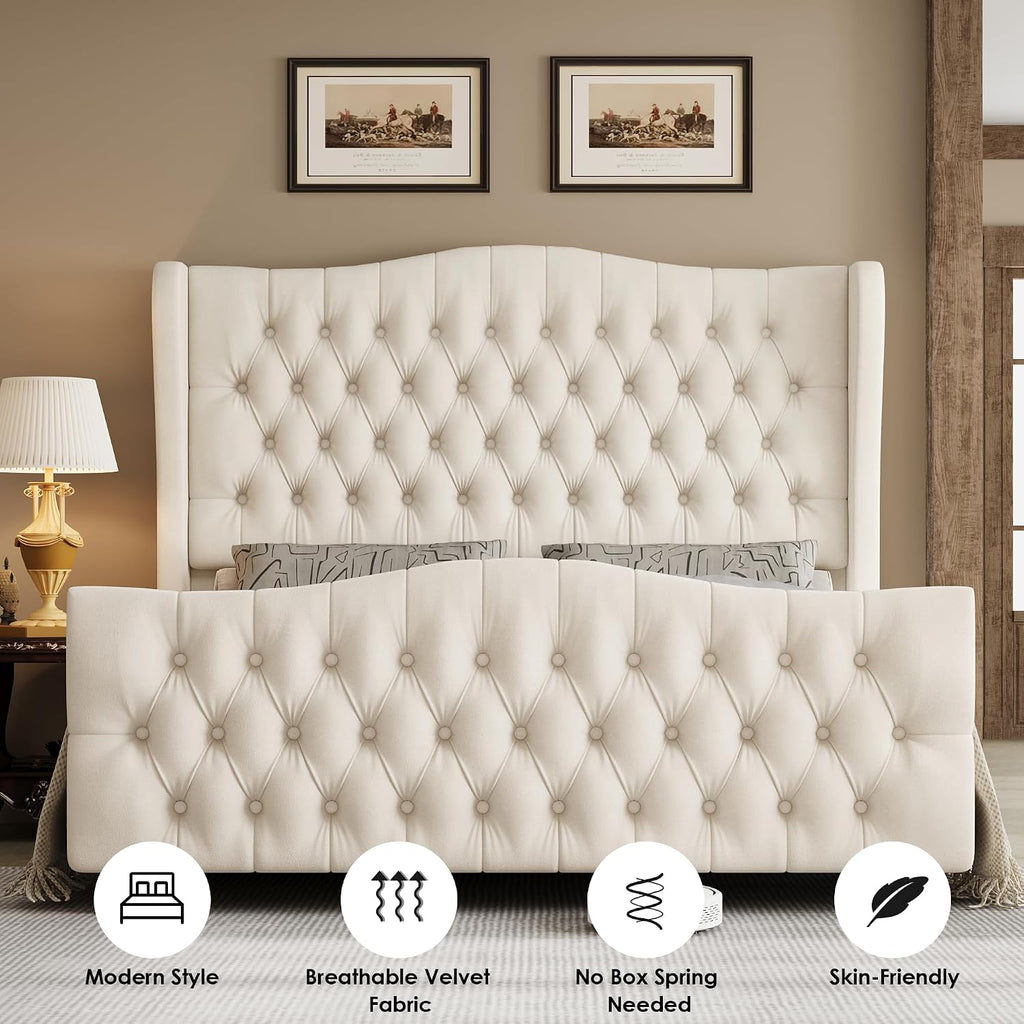 Keyluv Queen Size 54.3" Tall Bed Frame with Wingback Headboard & Footboard