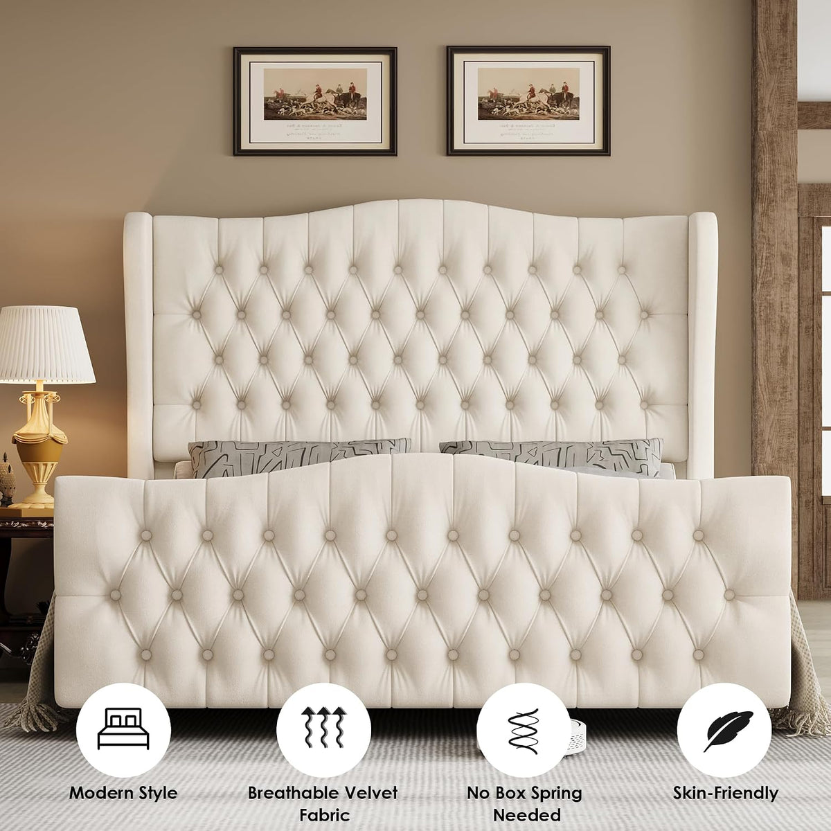 Keyluv Queen Size 54.3" Tall Bed Frame with Wingback Headboard & Footboard